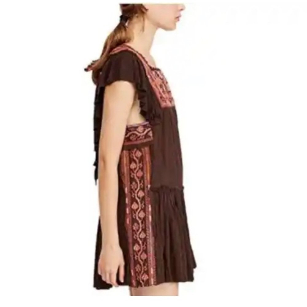 Free People Brown Mini Dress with Coral Embroidered Yoke - Picture 3 of 11